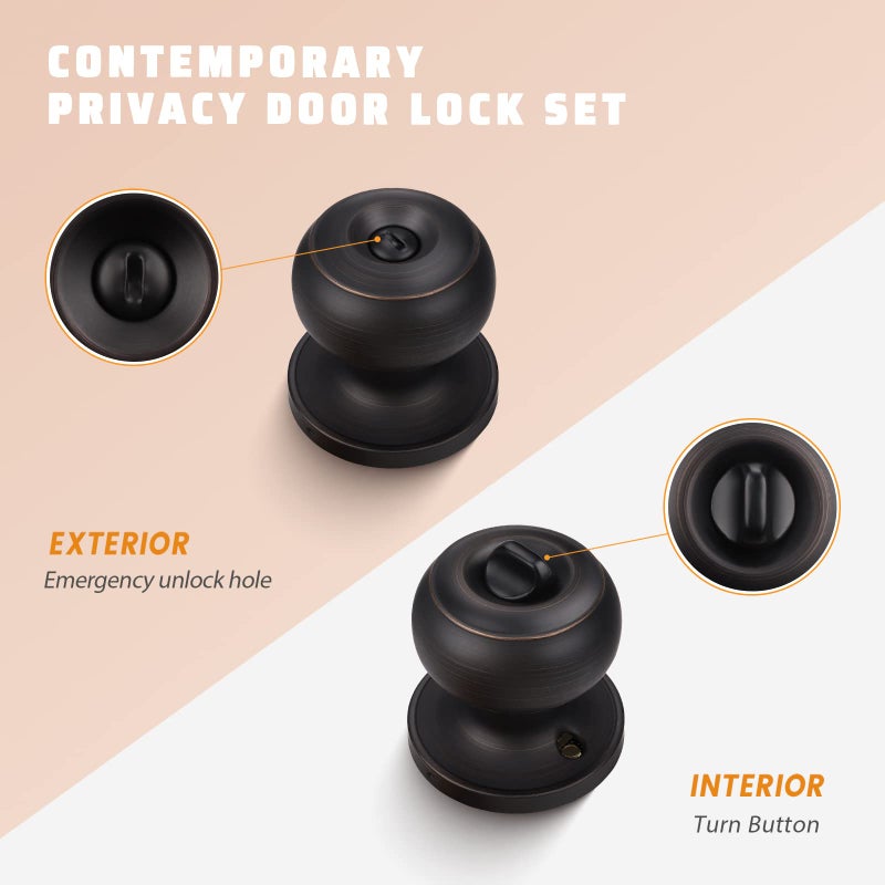 KNOBWELL 10 Pack Oil Rubbed Bronze Privacy Door Knobs Stainless Steel Keyless Interior Door Knob with Lock Bedroom Bathroom Round Door Knob, Locking Interior Bronze - Image 2